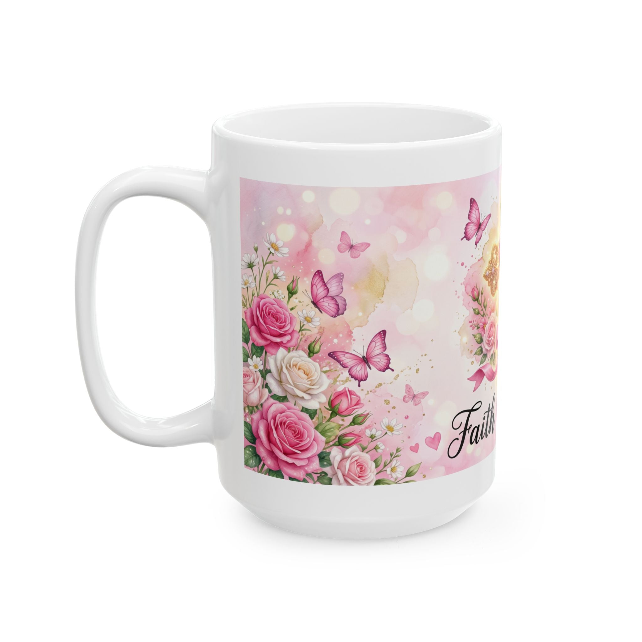 Faith Over Fear cross ribbon floral mug | ceramic coffee cup