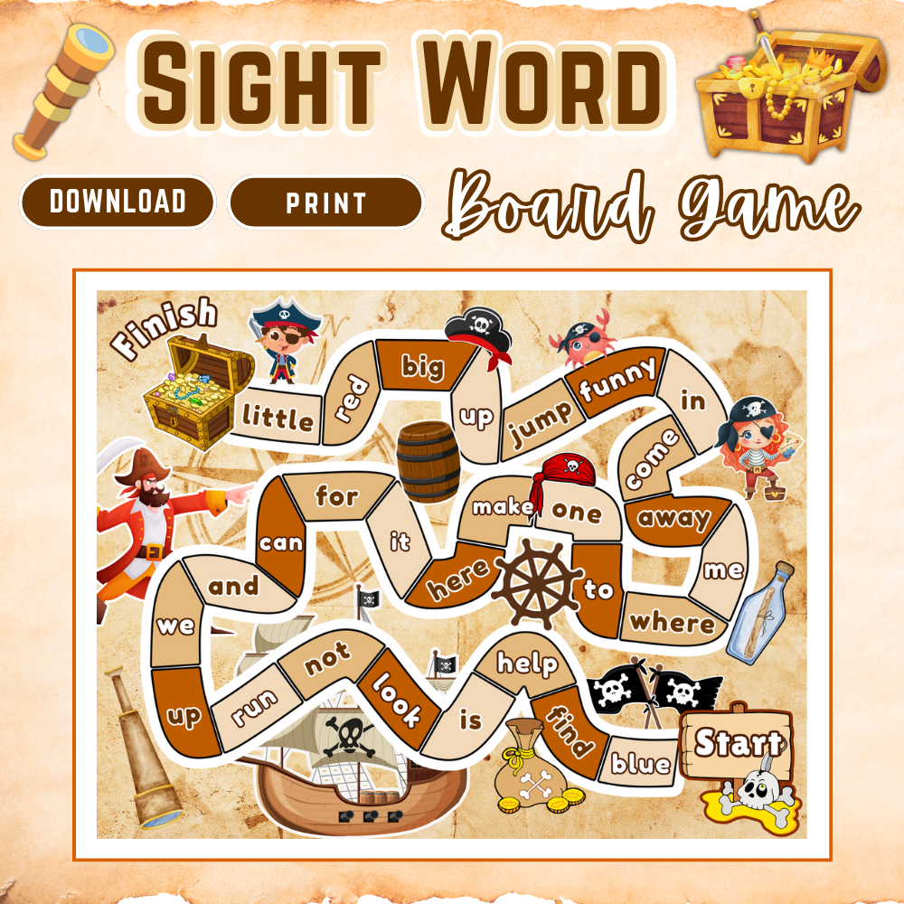 Sight Word Board Game Printable | Pirate Themed Reading Game for Kids | Fun Sight Words Practice PDF | Instant Download Ages 4-7