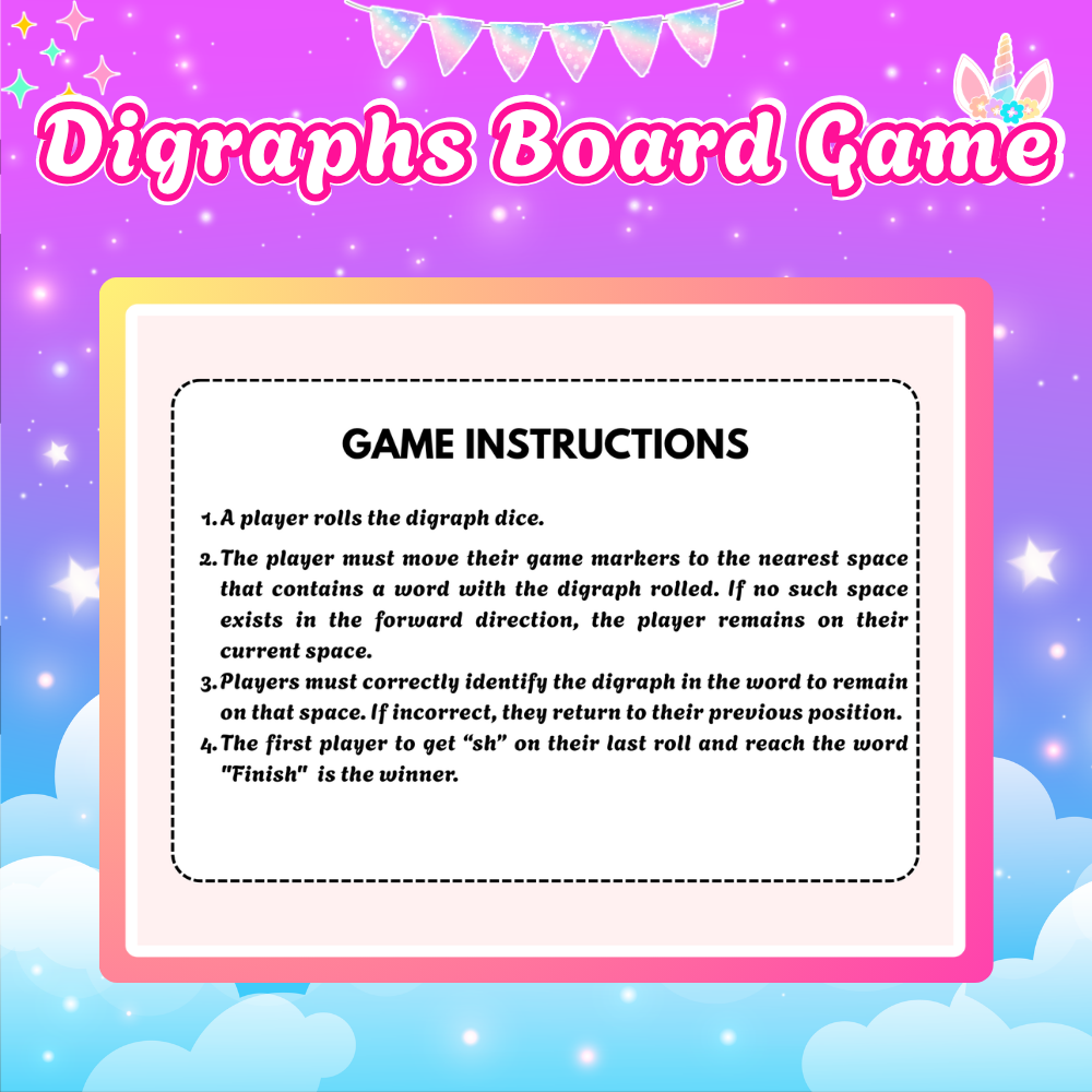Unicorn Digraphs Board Game Printable | Fun Phonics Game for Kids | Instant Download Ages 5+
