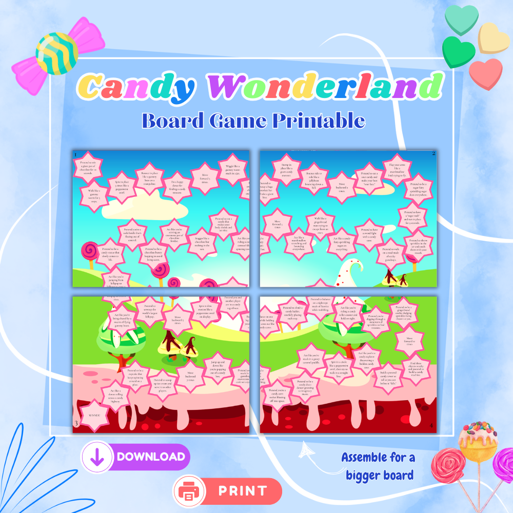 Candy Wonderland Board Game Printable | Fun Active Family Game | Candy Theme Charades & Challenges | Kids Party Game | Instant Download