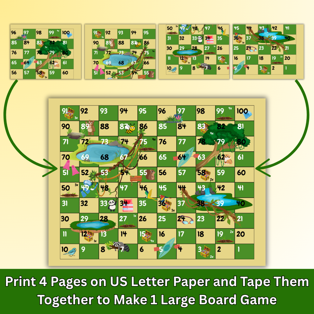 Treasure Hunt Board Game Printable | Jungle Adventure Board Game | 100 Space Kids Treasure Hunt PDF | Instant Download Ages 5+