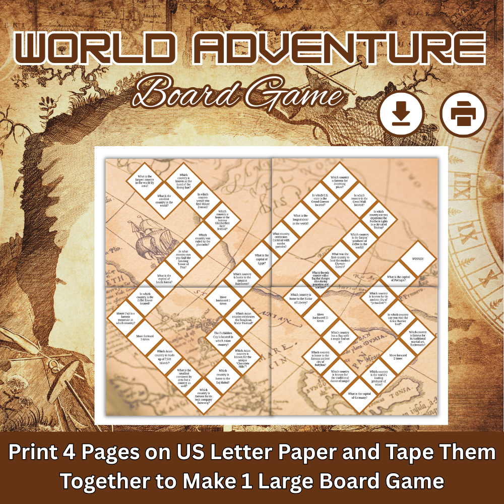 World Adventure Board Game Printable | Educational World Geography Trivia | Family Quiz Game PDF | Instant Download Homeschool Activity