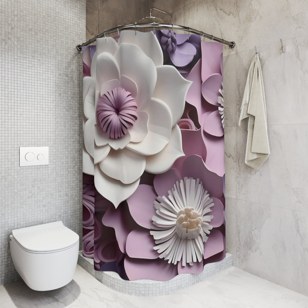 3D Paper Flowers Shower Curtain | Pink White Floral Bathroom Decor