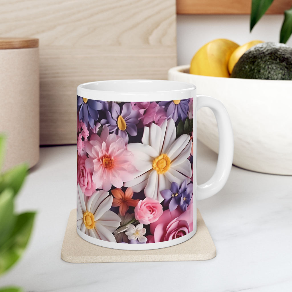 Floral Bouquet Ceramic Mug — Pink Roses & Daisies Coffee Cup (11oz, 15oz)
