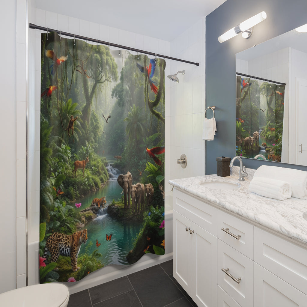 Jungle Wildlife Scene Shower Curtain | Tropical Rainforest Elephants Parrots