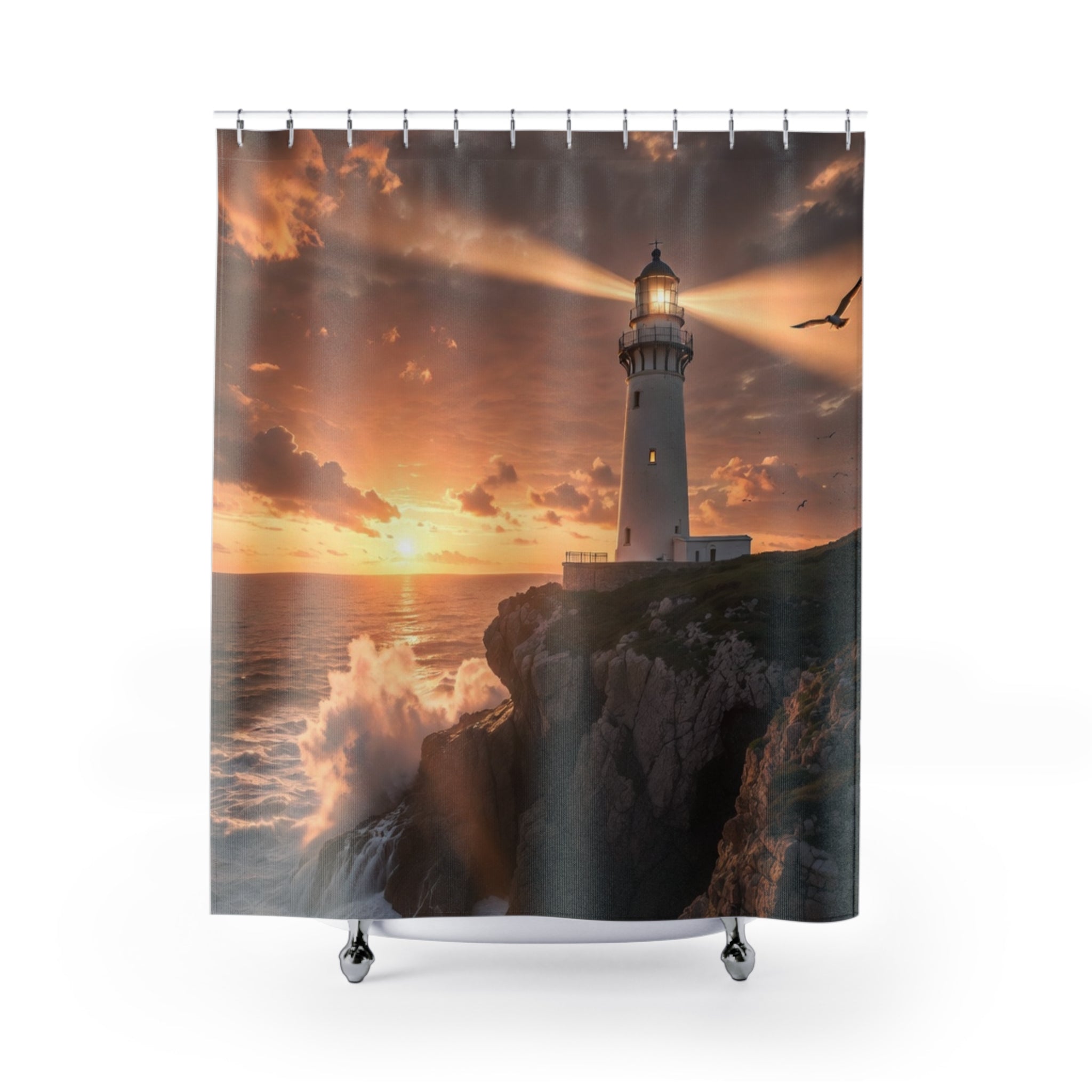 Lighthouse Sunset Shower Curtain | Coastal Ocean Waves Nautical