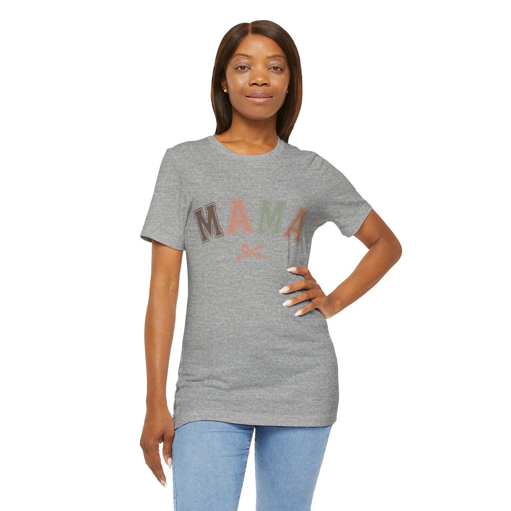 Mama arch text tee | Retro collegiate letters, small bow