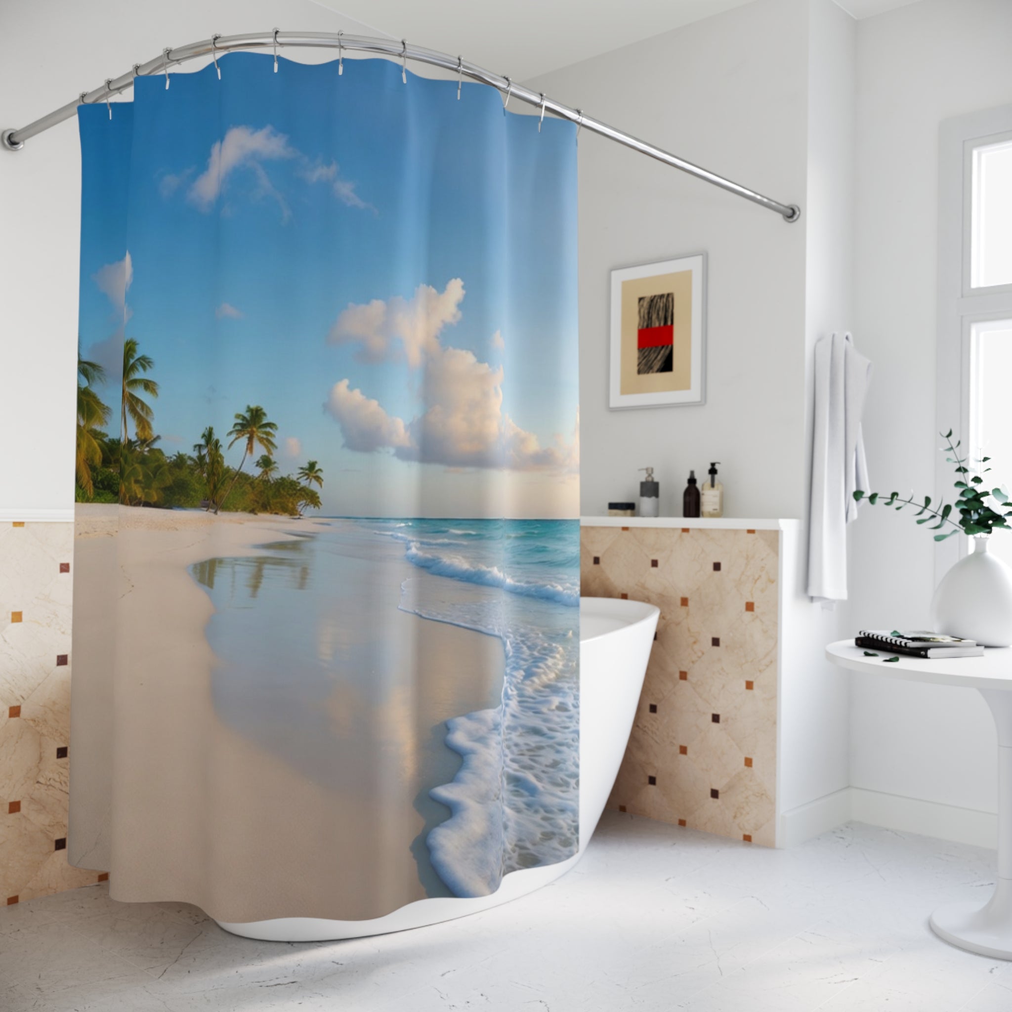 Tropical Beach Scene Shower Curtain | Palm Trees, Sandy Shore, Blue Sky