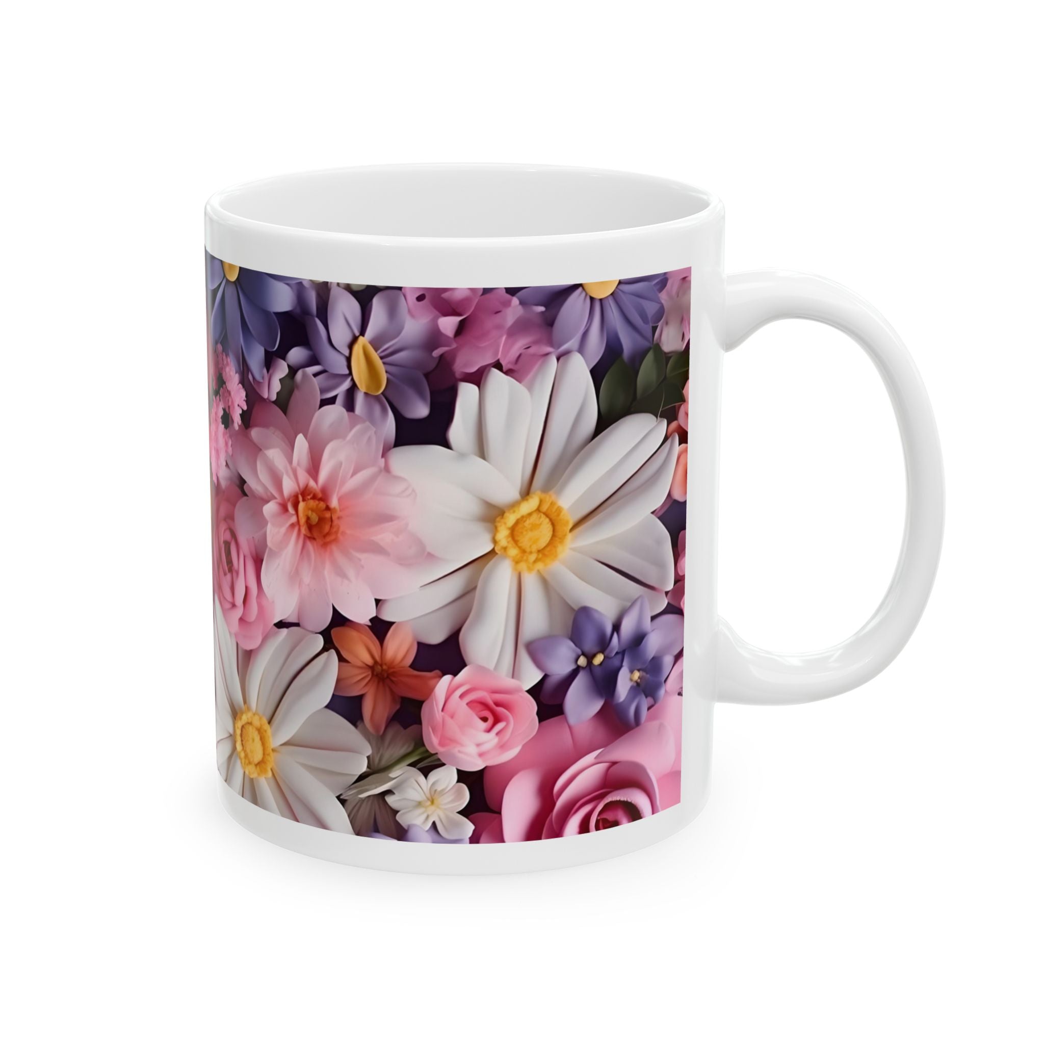 Floral Bouquet Ceramic Mug — Pink Roses & Daisies Coffee Cup (11oz, 15oz)