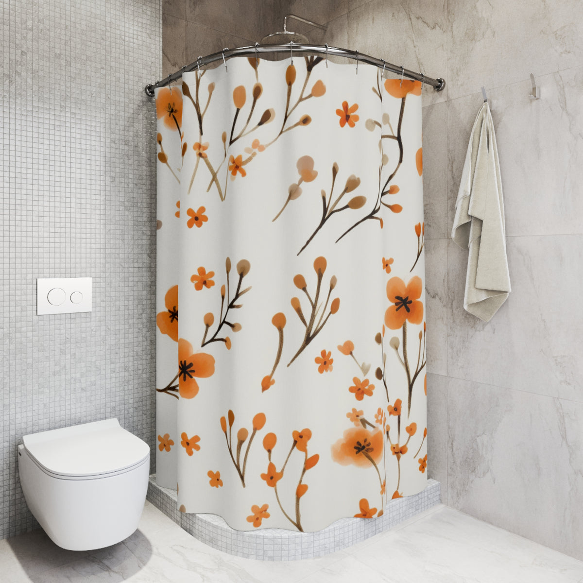 Orange Floral Pattern Shower Curtain | Minimal Botanical Sprigs