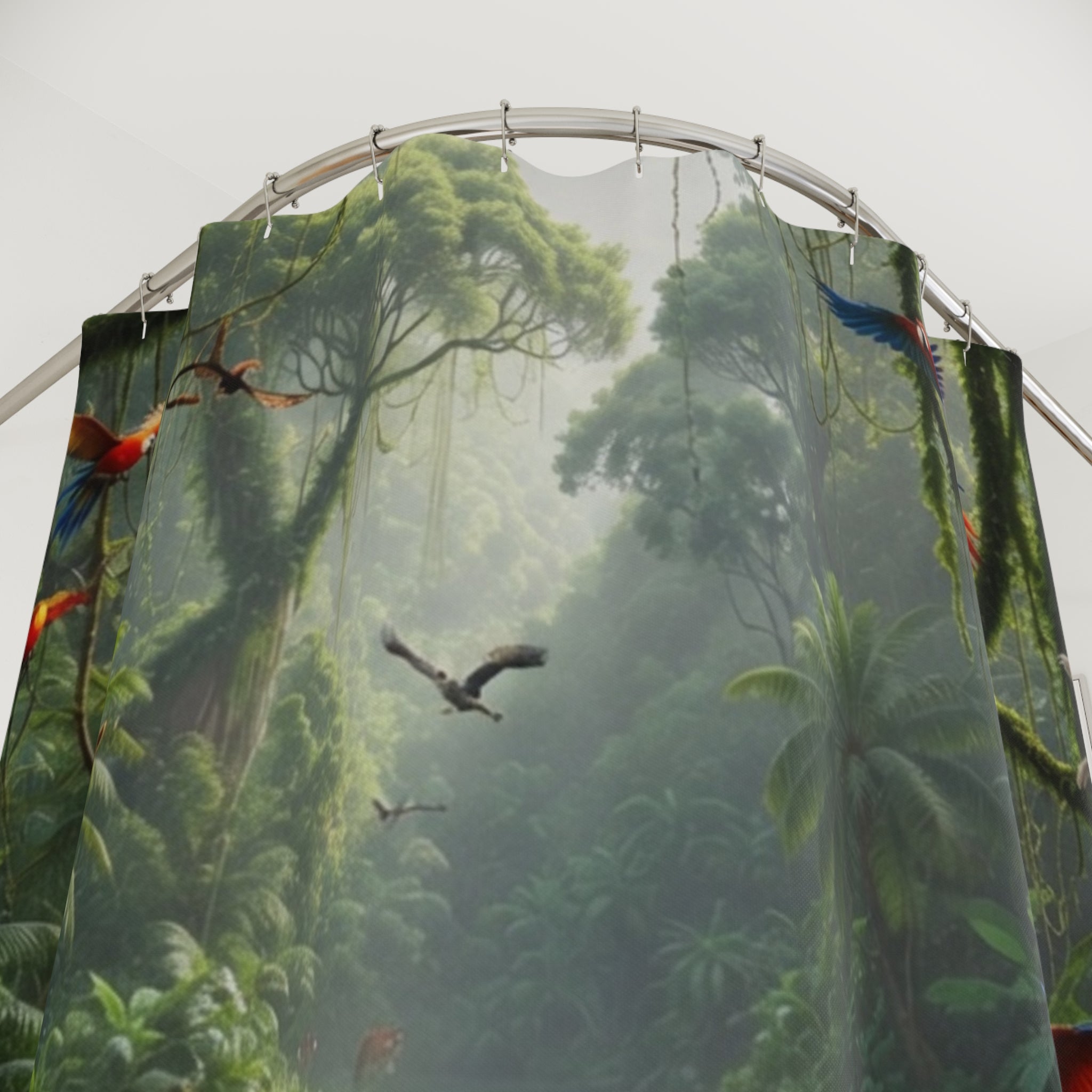 Jungle Wildlife Scene Shower Curtain | Tropical Rainforest Elephants Parrots