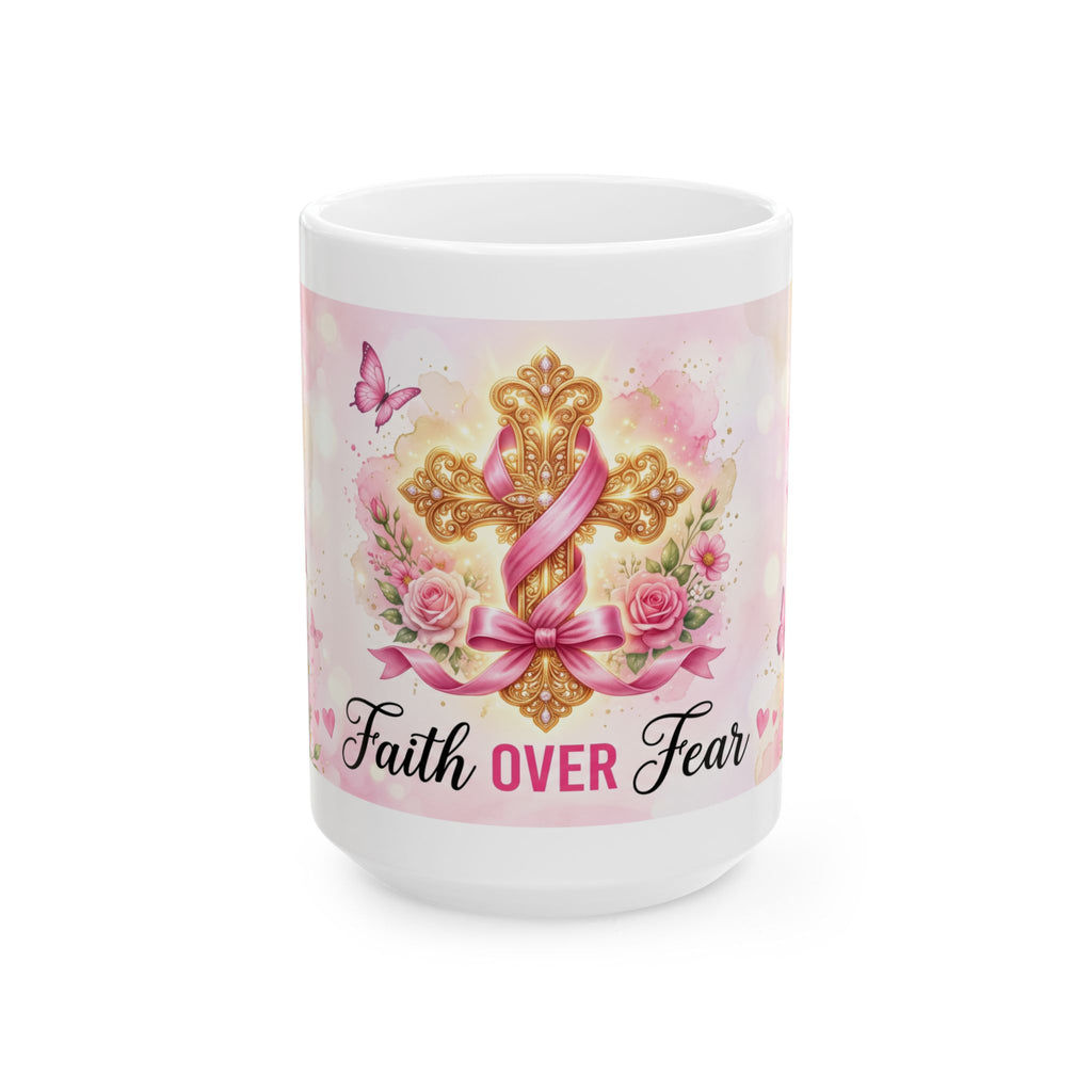 Faith Over Fear cross ribbon floral mug | ceramic coffee cup