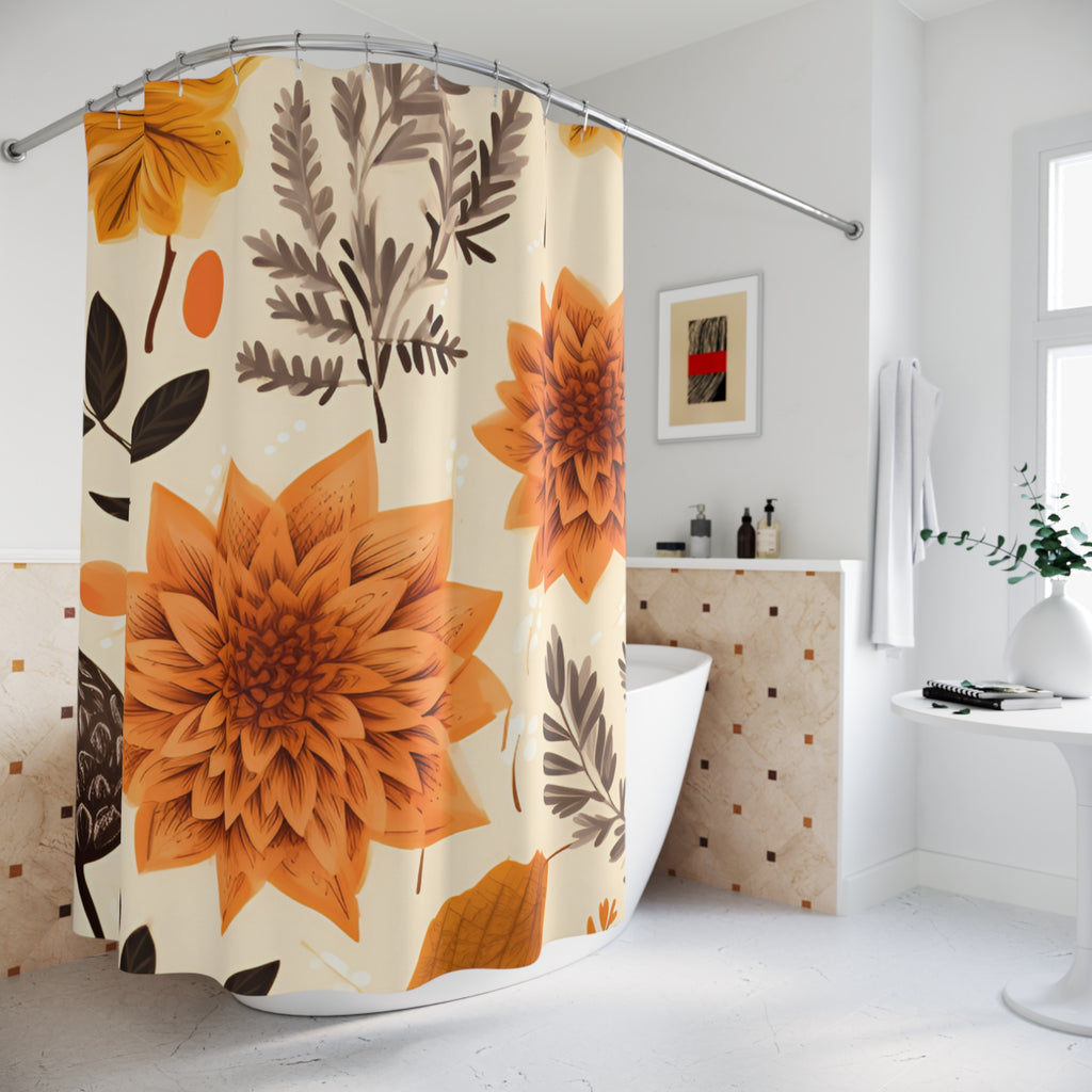 Autumn Dahlia Floral Shower Curtain | Orange Fall Flowers Bathroom Decor
