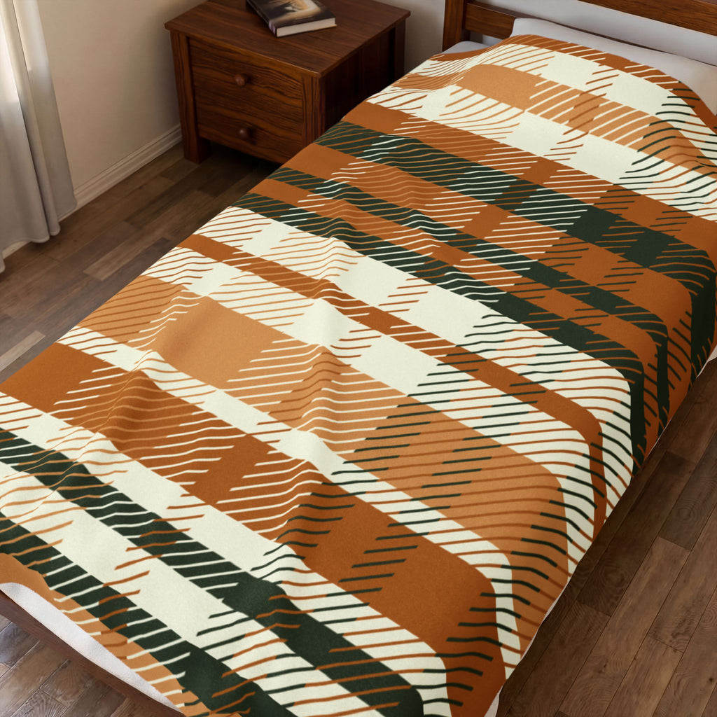 Autumn Plaid Velveteen Plush Blanket | Orange Green Buffalo Check