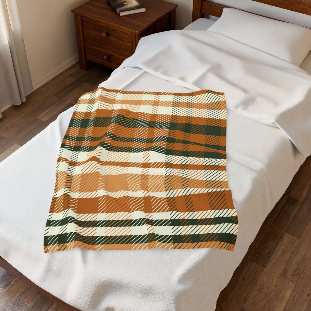 Autumn Plaid Velveteen Plush Blanket | Orange Green Buffalo Check