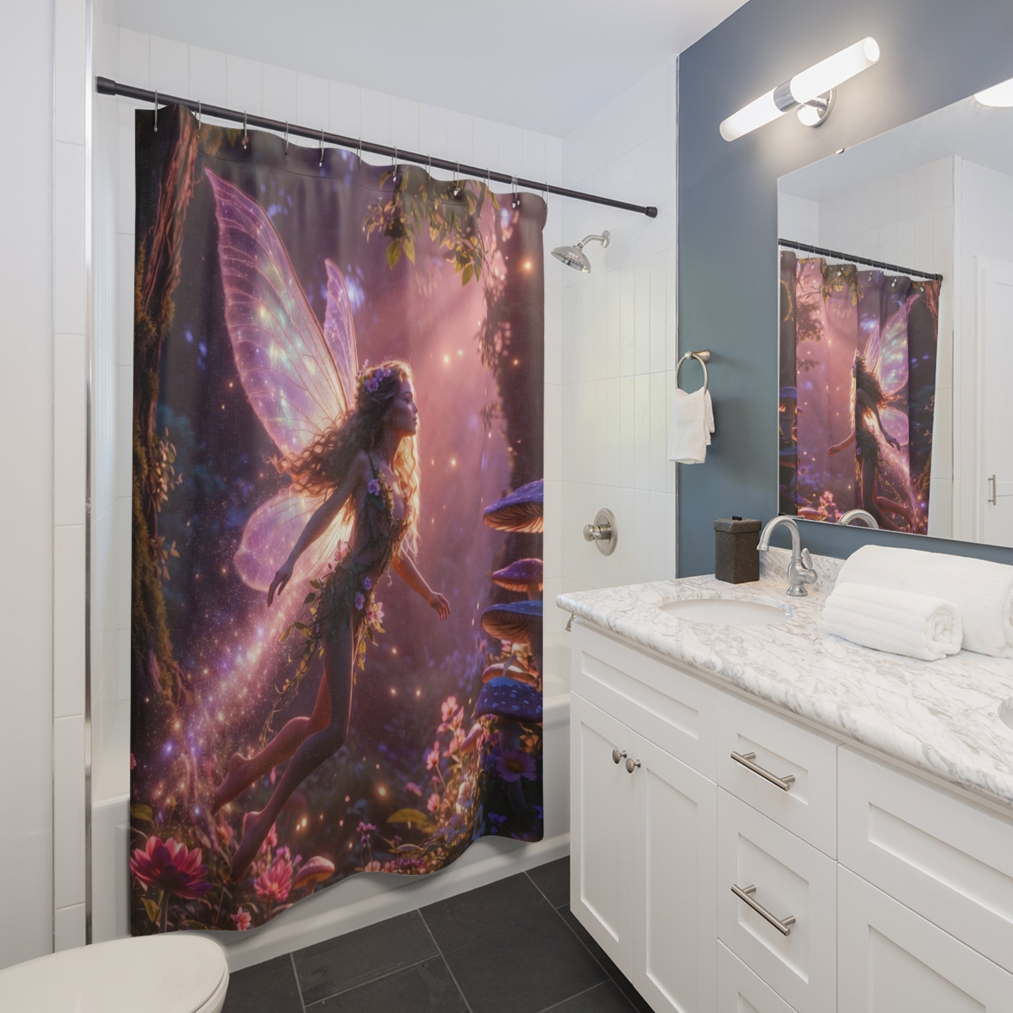 Enchanted Fairy Forest Shower Curtain | Magical Woodland Pixie Bathroom Decor