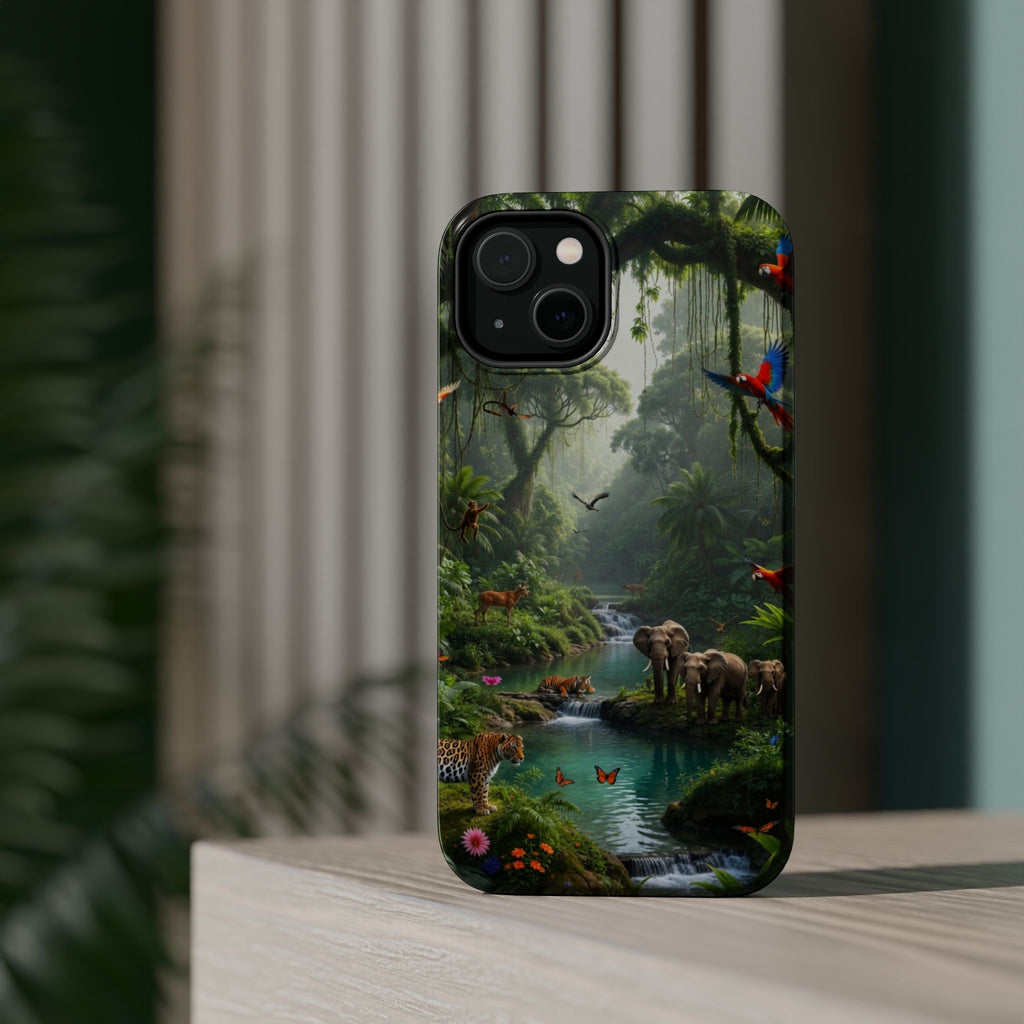 Tropical Jungle Phone Case — Magnetic Impact-Resistant with Parrots & Elephants