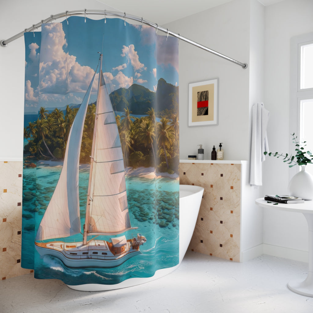 Sailboat Tropical Island Shower Curtain | Ocean Nautical Bathroom Decor