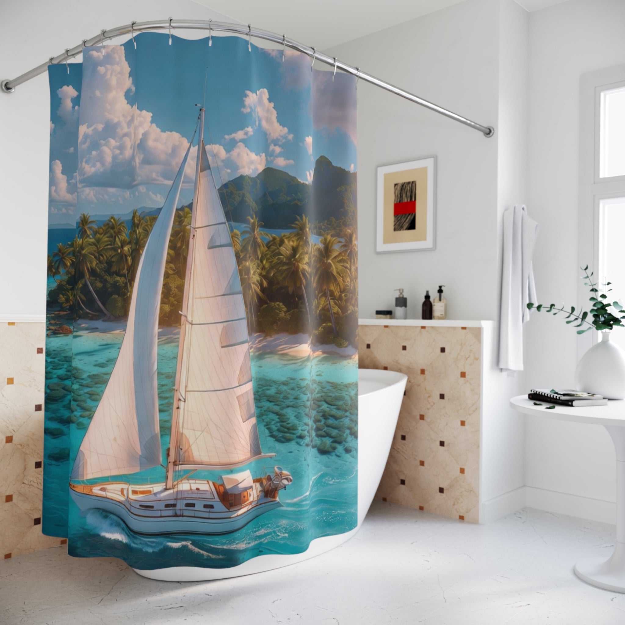 Sailboat Tropical Island Shower Curtain | Ocean Nautical Bathroom Decor