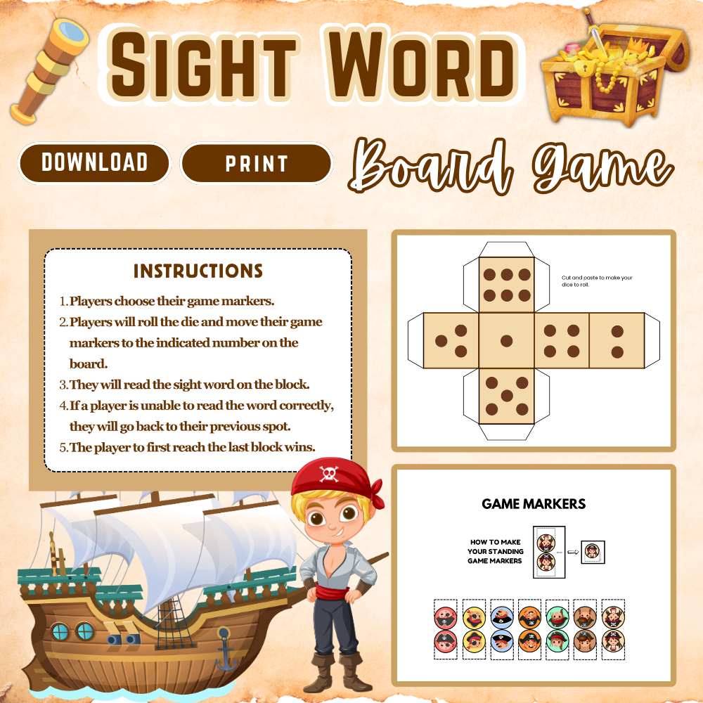 Sight Word Board Game Printable | Pirate Themed Reading Game for Kids | Fun Sight Words Practice PDF | Instant Download Ages 4-7