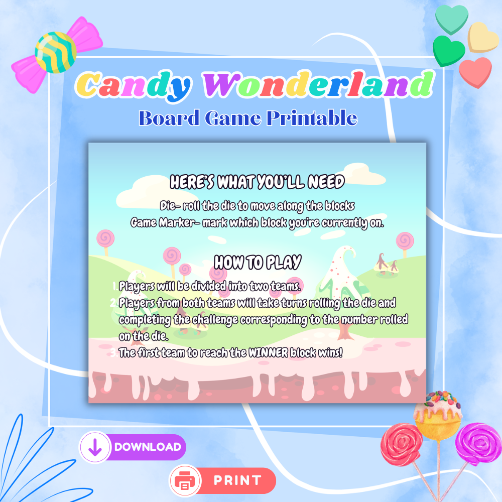 Candy Wonderland Board Game Printable | Fun Active Family Game | Candy Theme Charades & Challenges | Kids Party Game | Instant Download