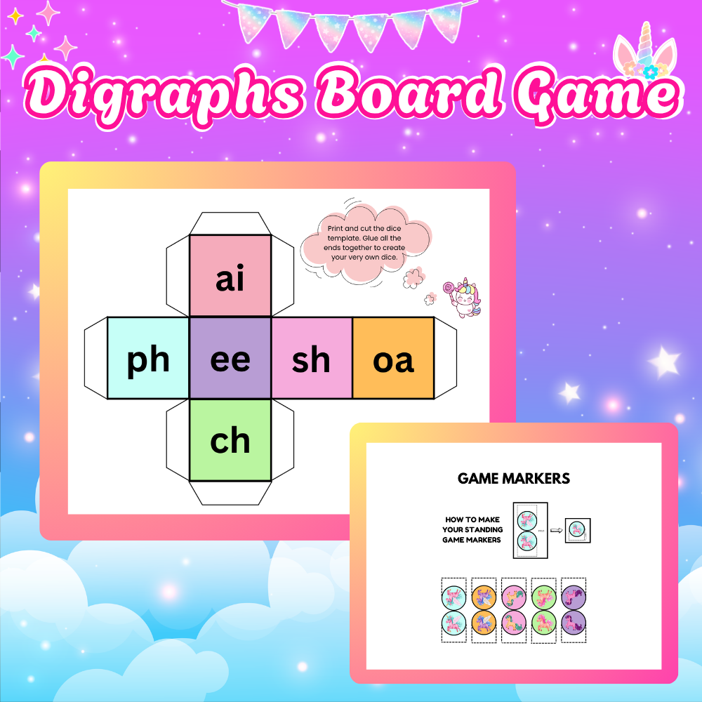 Unicorn Digraphs Board Game Printable | Fun Phonics Game for Kids | Instant Download Ages 5+