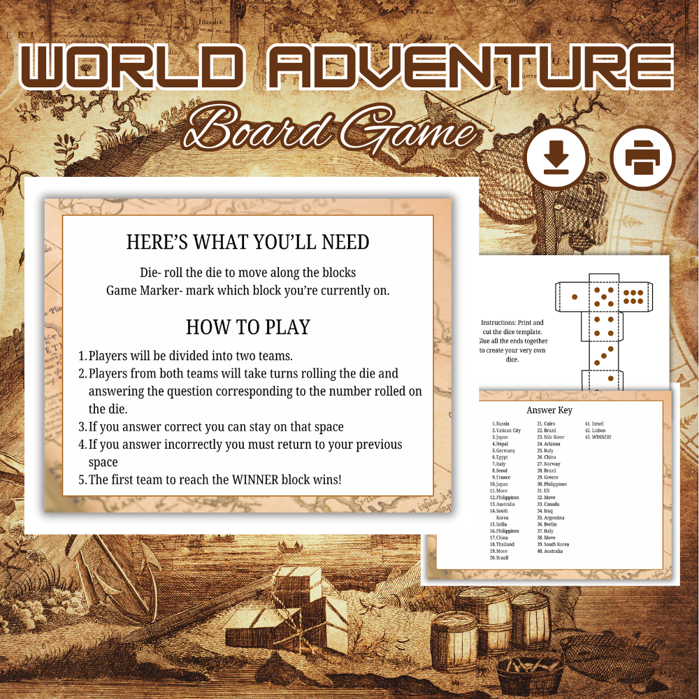 World Adventure Board Game Printable | Educational World Geography Trivia | Family Quiz Game PDF | Instant Download Homeschool Activity