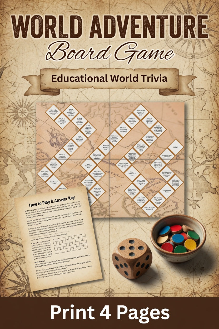 World Adventure Board Game Printable | Educational World Geography Trivia | Family Quiz Game PDF | Instant Download Homeschool Activity