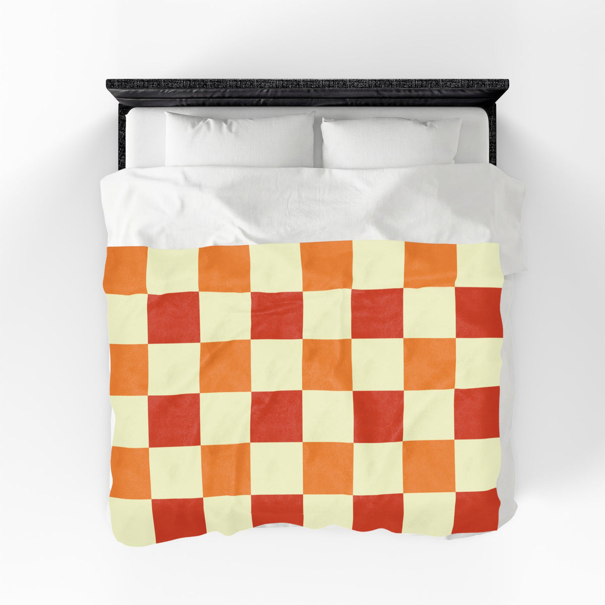 Orange Checkerboard Velveteen Plush Blanket | Retro Plaid Throw
