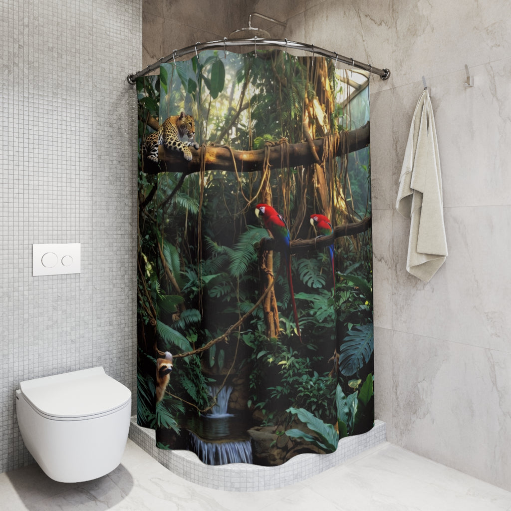 Rainforest Jungle Scene Shower Curtain | Parrots, Leopard, Lush Vines