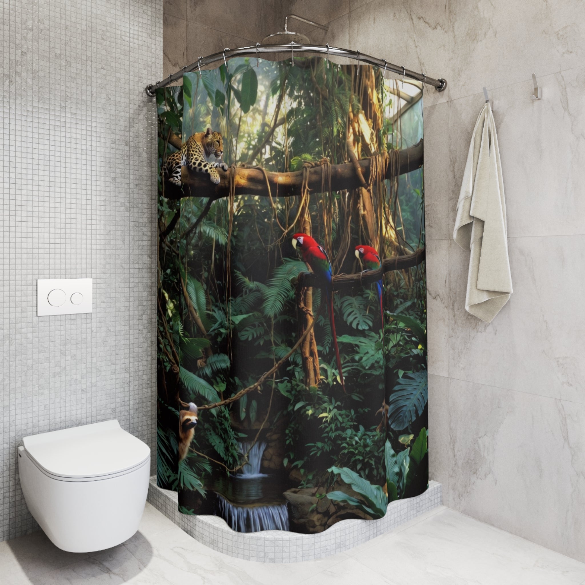 Rainforest Jungle Scene Shower Curtain | Parrots, Leopard, Lush Vines