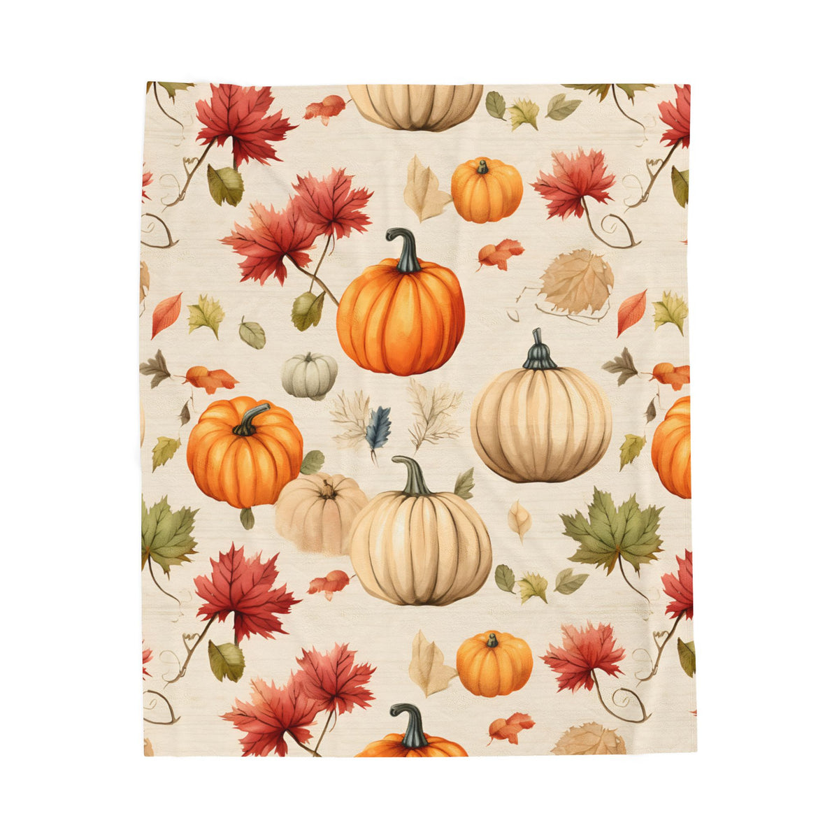 Autumn Pumpkins and Maple Leaves Velveteen Plush Blanket | Fall Harvest Throw