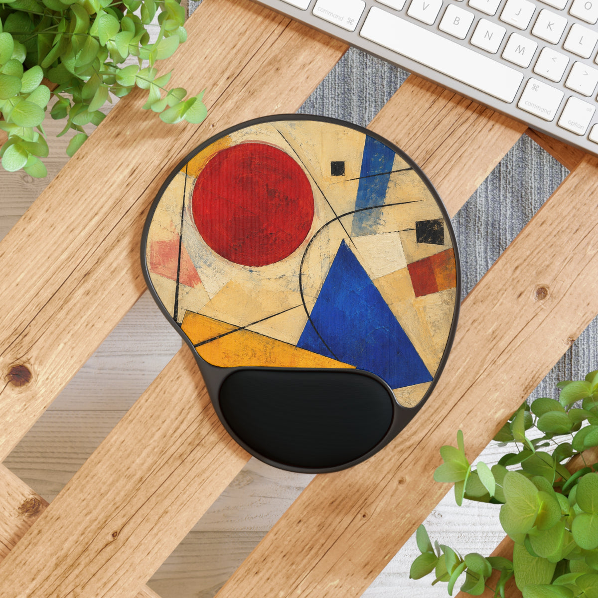 Abstract Geometric Art Mouse Pad with Wrist Rest | Modern Red Circle Blue Triangle
