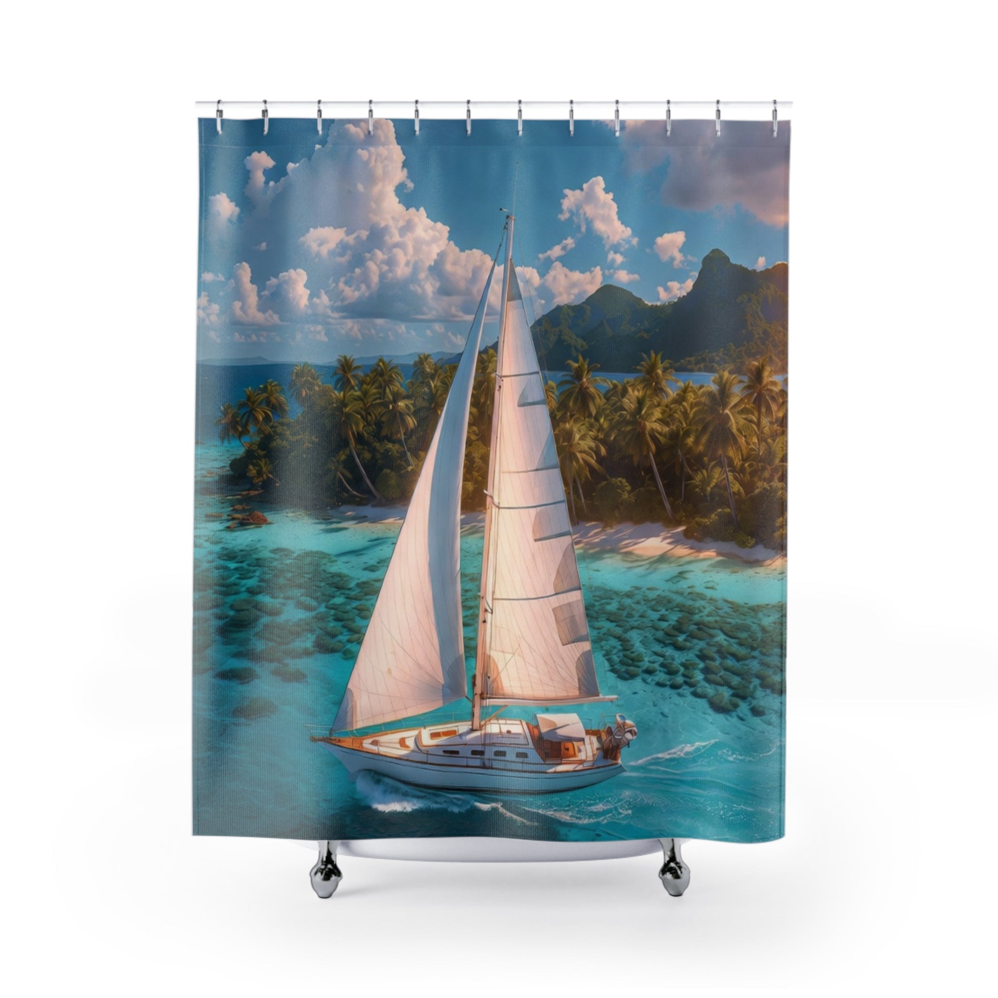 Sailboat Tropical Island Shower Curtain | Ocean Nautical Bathroom Decor
