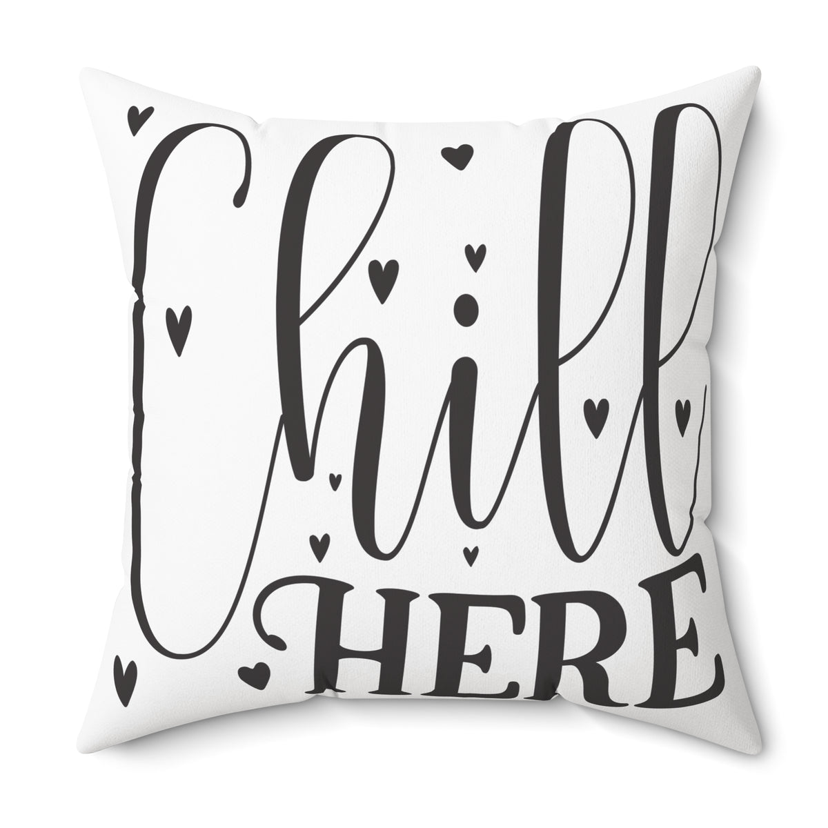 Chill Here pillow | Script typography, black hearts, decorative throw pillow