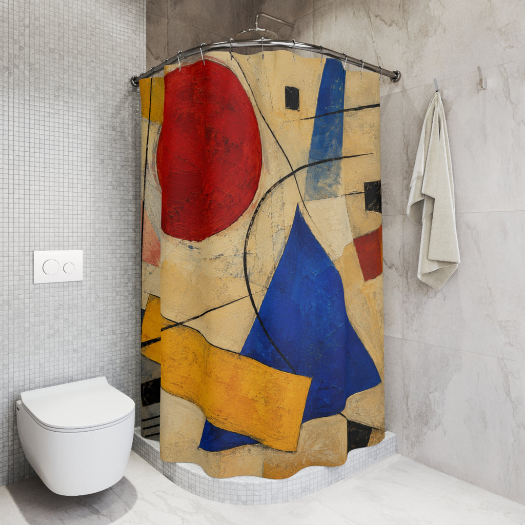 Abstract Geometric Art Shower Curtain | Modern Red Circle Blue Triangle