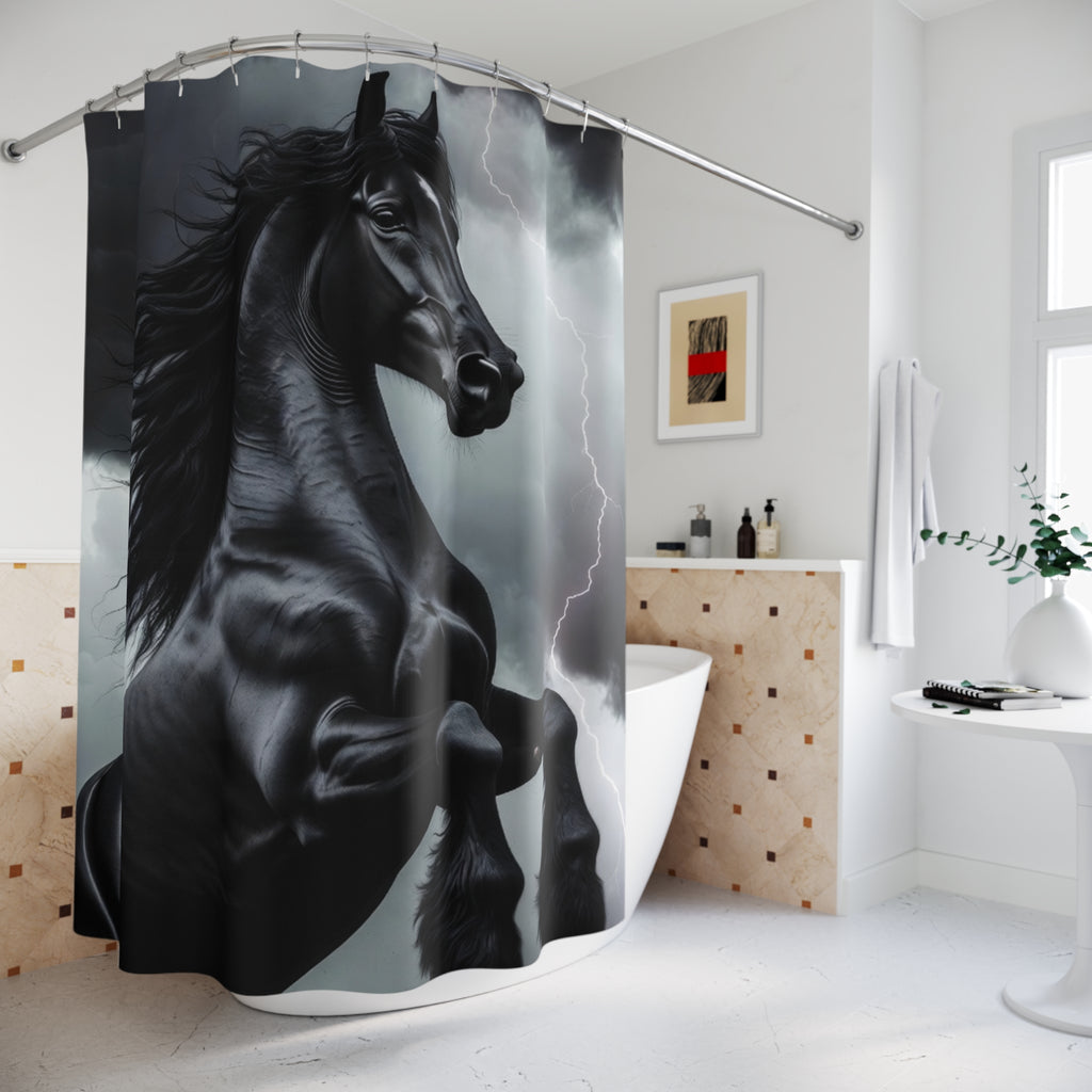 Rearing Black Horse Shower Curtain | Storm Lightning Bathroom Decor