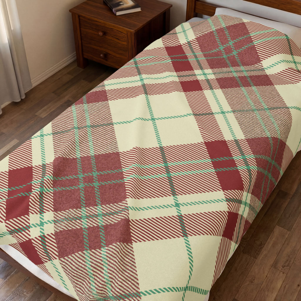 Red Green Plaid Velveteen Blanket | Cozy Tartan Throw
