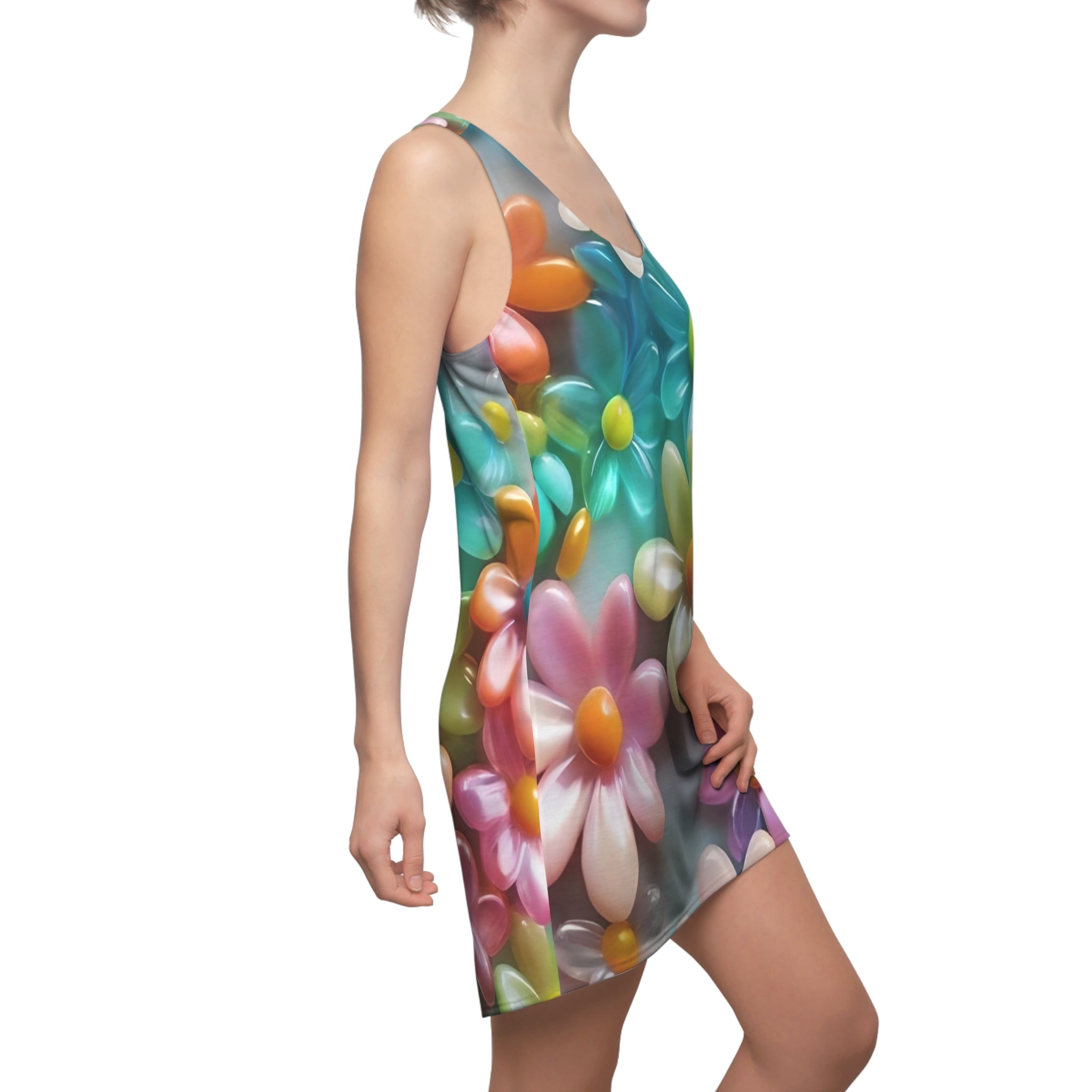 Colorful 3D Daisy Pattern Racerback Dress | Floral AOP