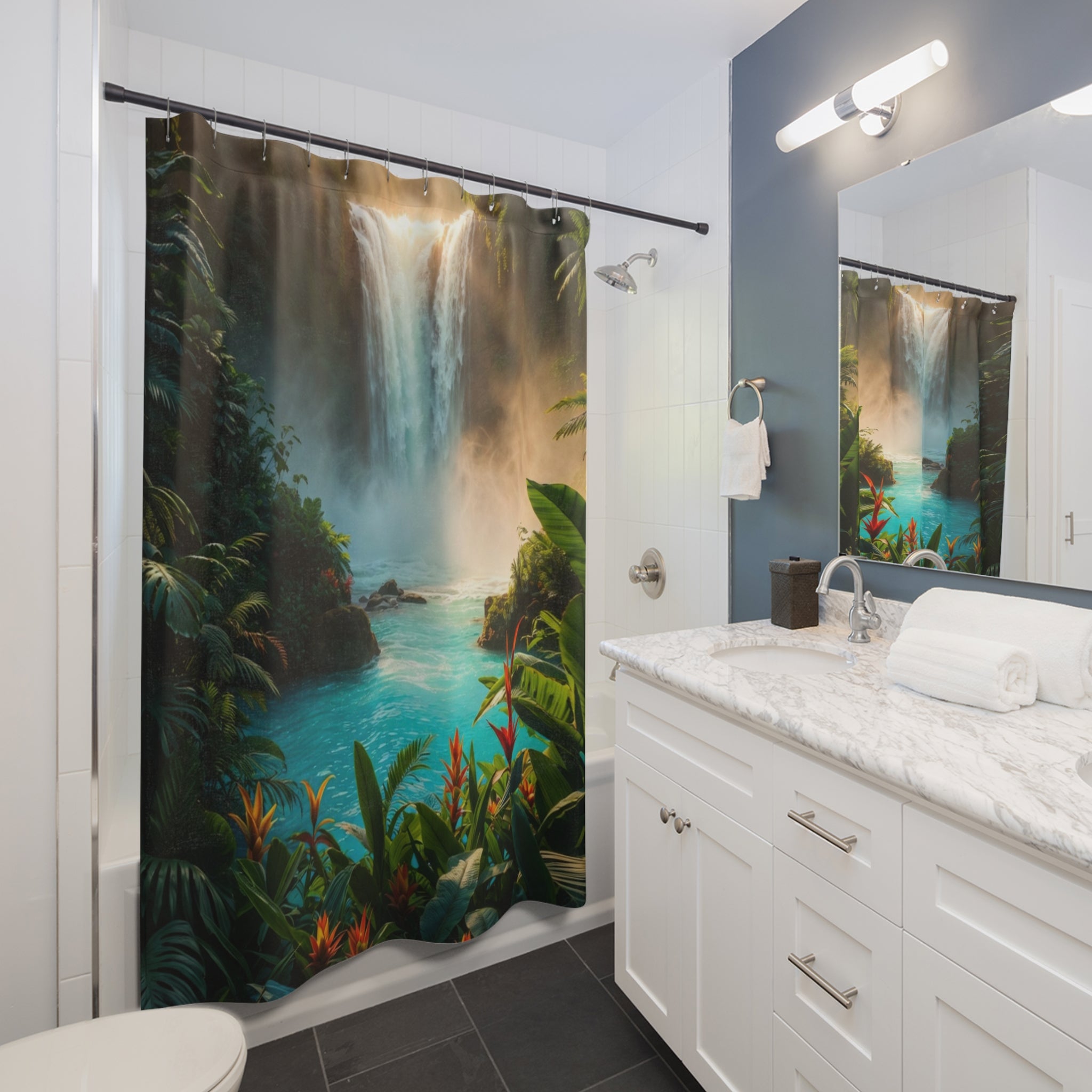 Tropical Waterfall Shower Curtain | Jungle Falls Bathroom Decor