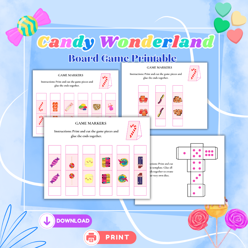 Candy Wonderland Board Game Printable | Fun Active Family Game | Candy Theme Charades & Challenges | Kids Party Game | Instant Download