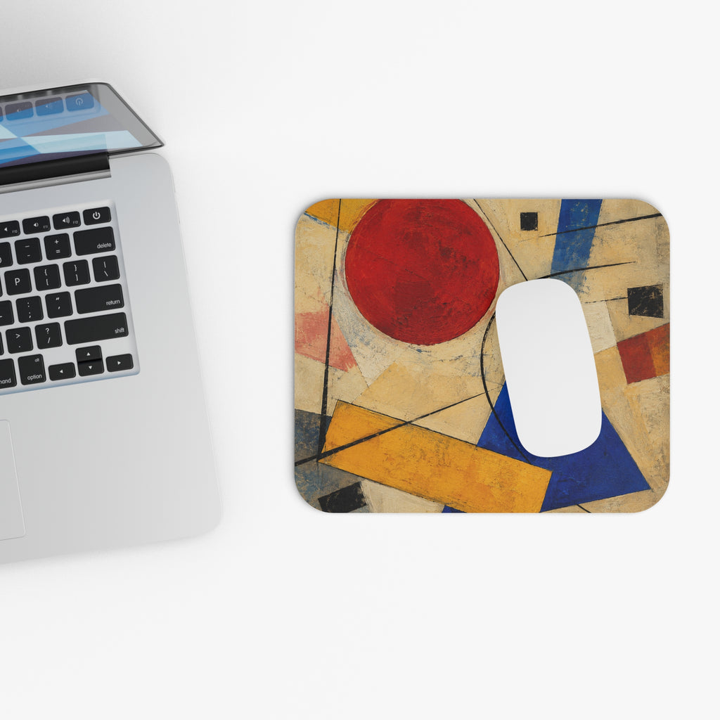 Abstract Geometric Art Mouse Pad | Red Circle Blue Triangle Rectangular Desk Pad