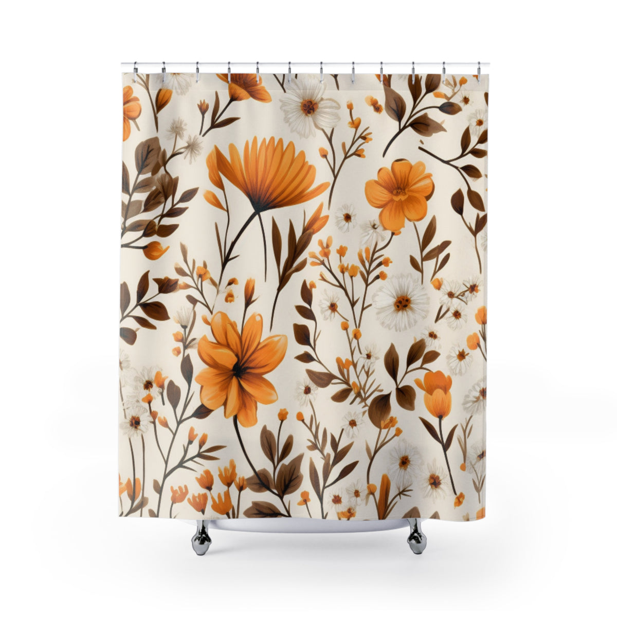 Orange Floral Pattern Shower Curtain | Botanical Bloom Bathroom