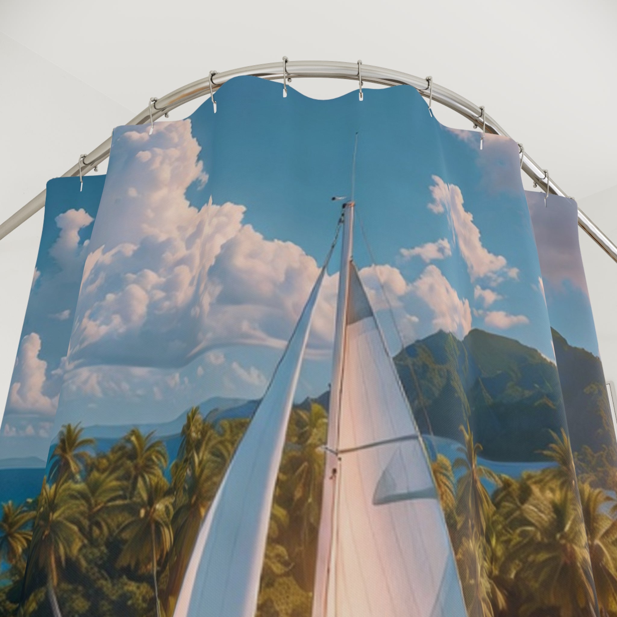 Sailboat Tropical Island Shower Curtain | Ocean Nautical Bathroom Decor