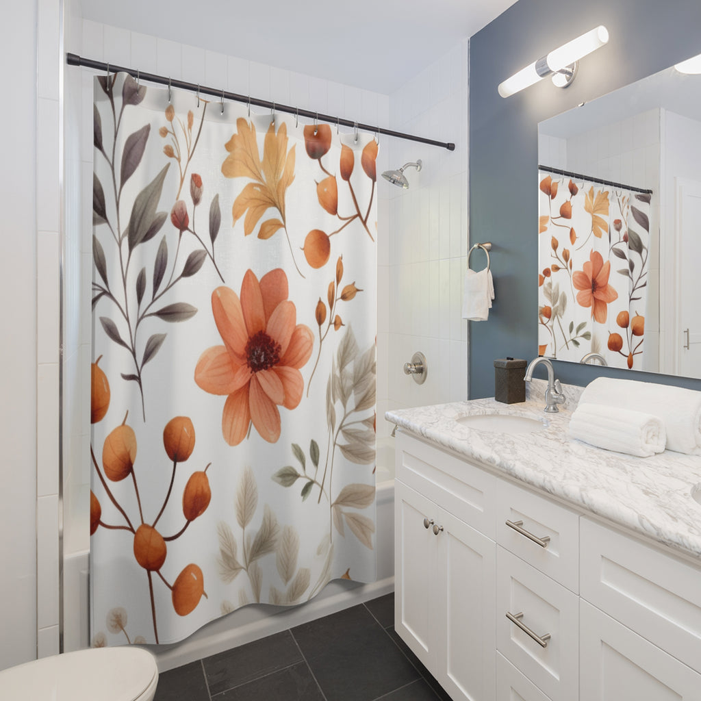 Autumn Floral Pattern Shower Curtain | Orange Wildflower Botanical