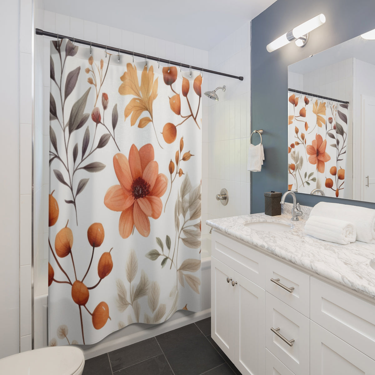 Autumn Floral Pattern Shower Curtain | Orange Wildflower Botanical