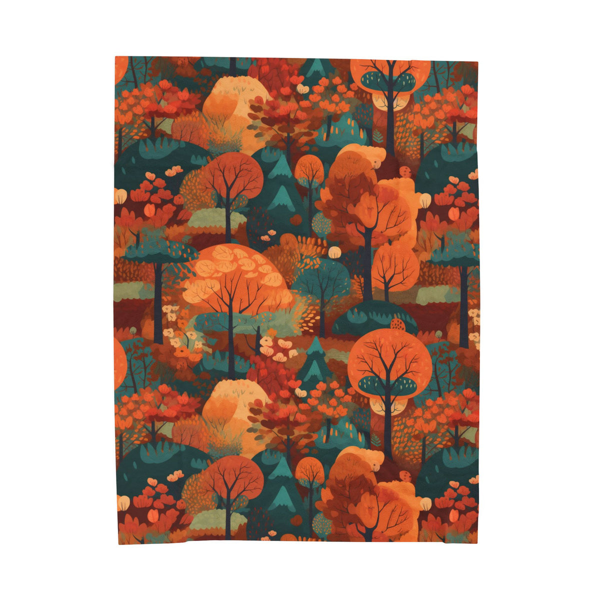 Autumn Forest Pattern Velveteen Plush Blanket | Fall Trees, Orange Teal Woodland