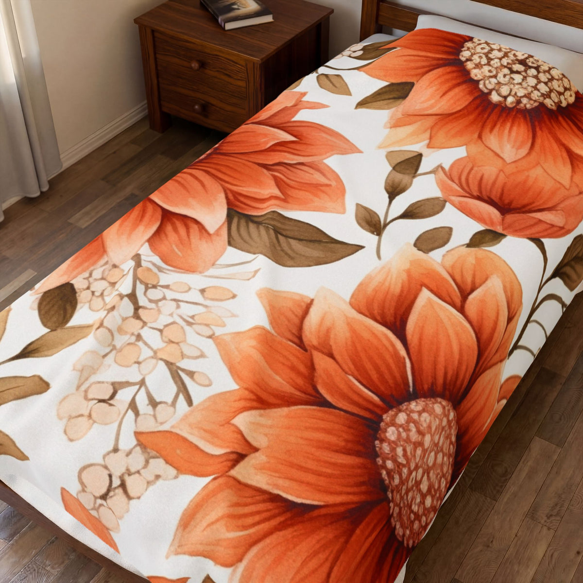 Orange Sunflower Pattern Velveteen Plush Blanket | Floral Fall Throw
