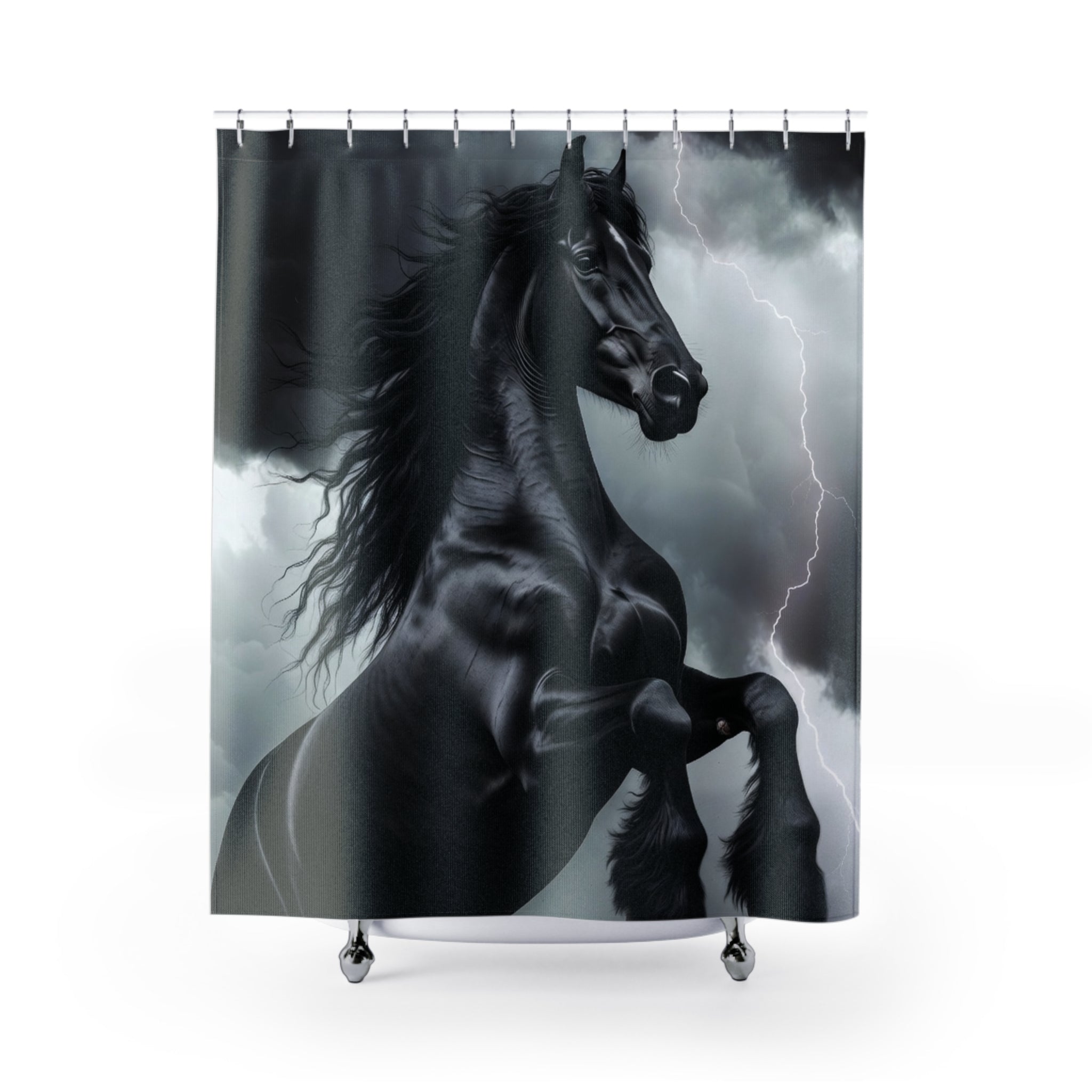 Rearing Black Horse Shower Curtain | Storm Lightning Bathroom Decor
