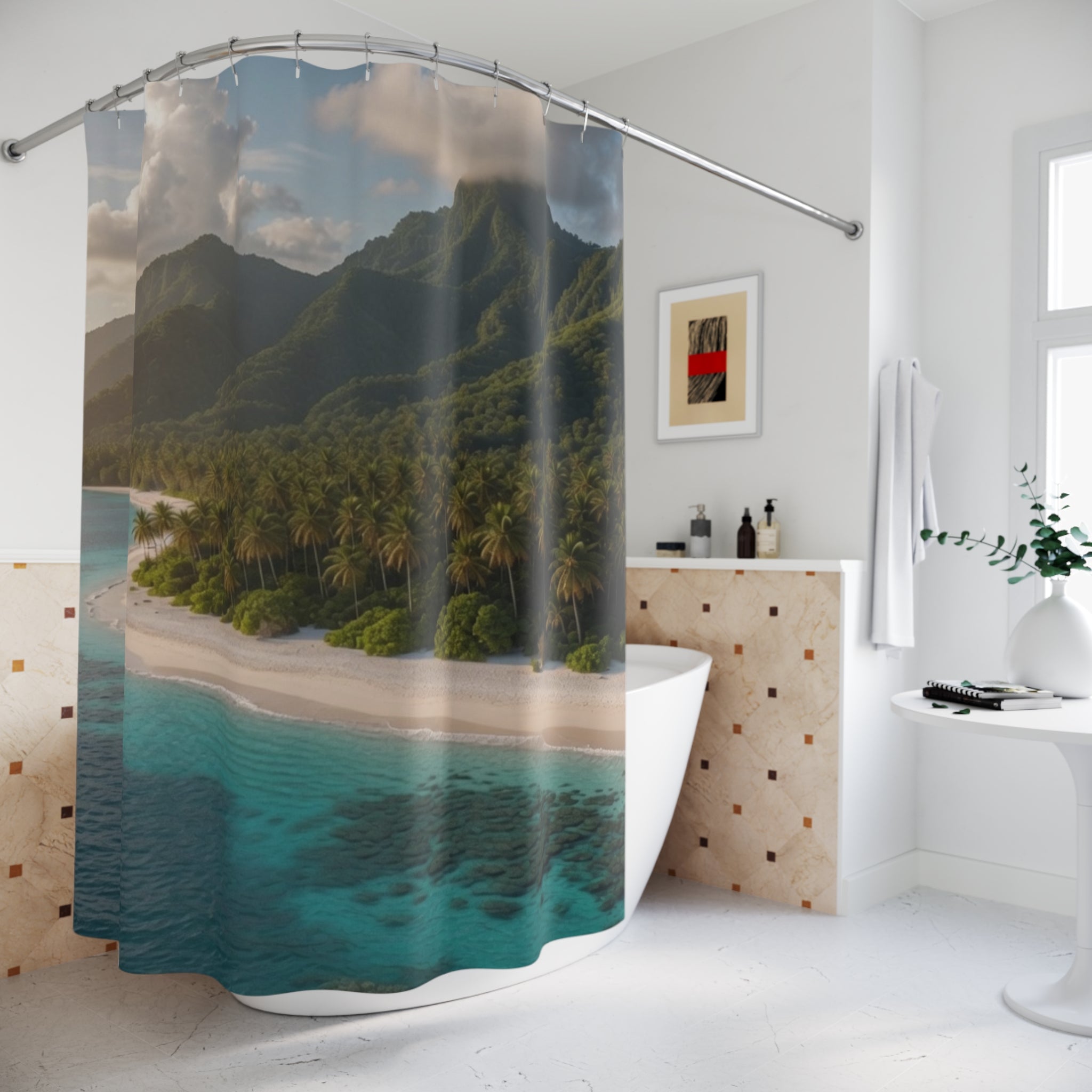Tropical Island Beach Shower Curtain | Mountain Coast Scenic Ocean